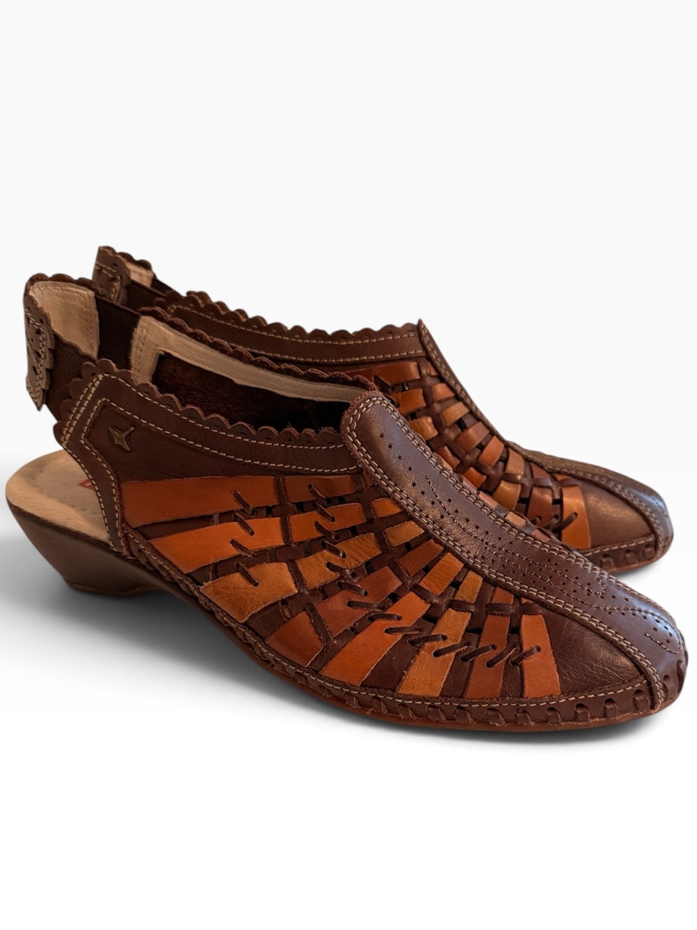 Pikolinos "Romana" Brown/Tan Leather Woven Slingback Wedge Shoes 39(8.5-9)